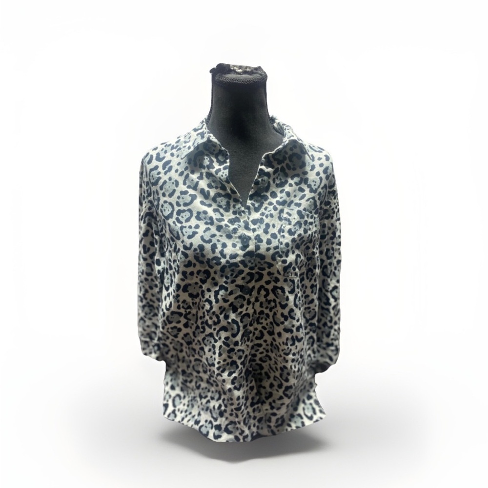 Jones New York Black White Leopard Print Thick Linen Blend Button Shirt M NWOT